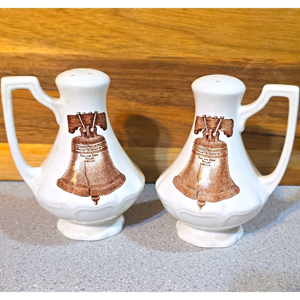 Americana Style House Liberty Bell Ceramic Salt & Pepper Shakers Set of 2